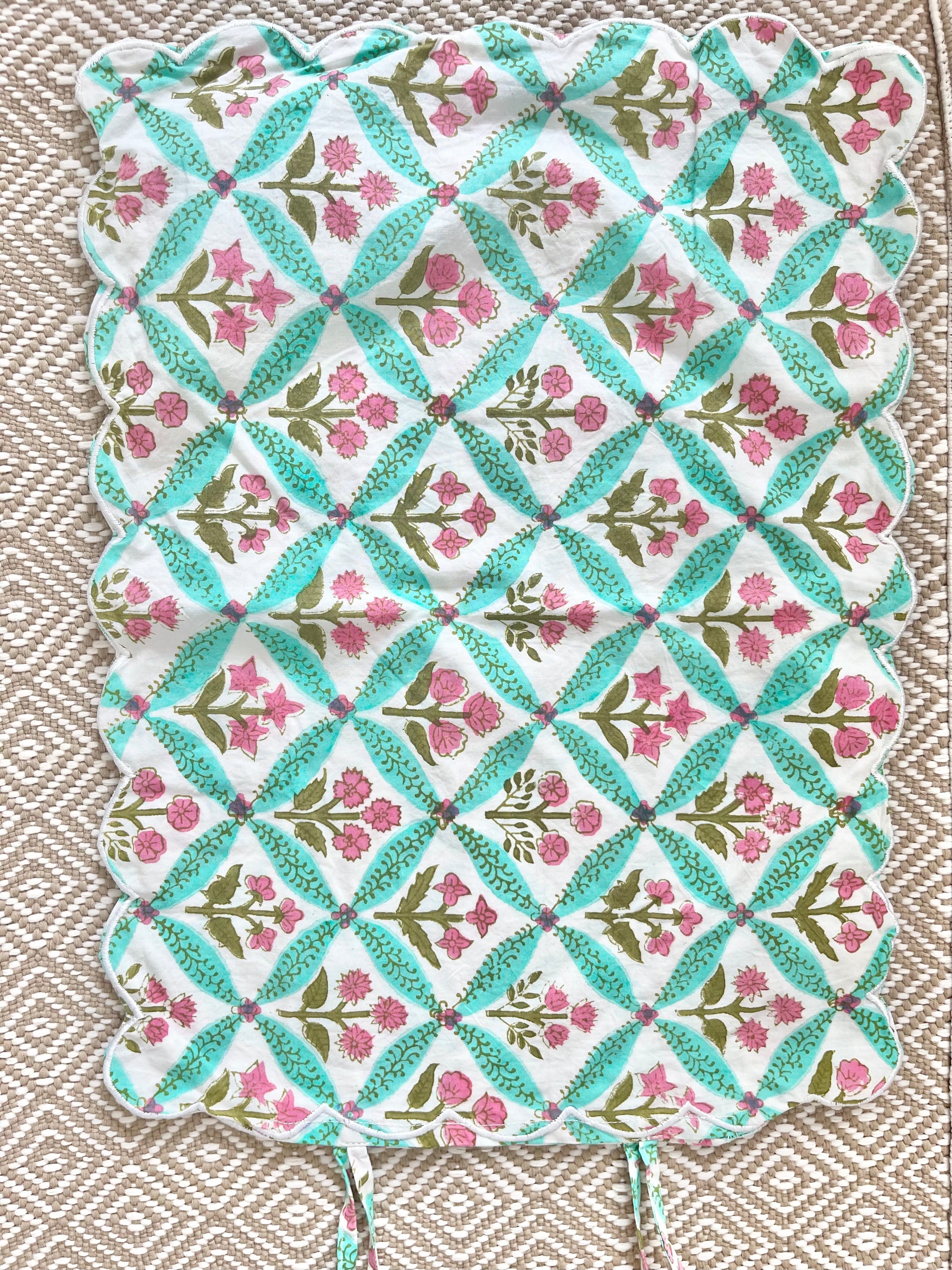 Block Print Boudoir Pillow - Pink & green trellis