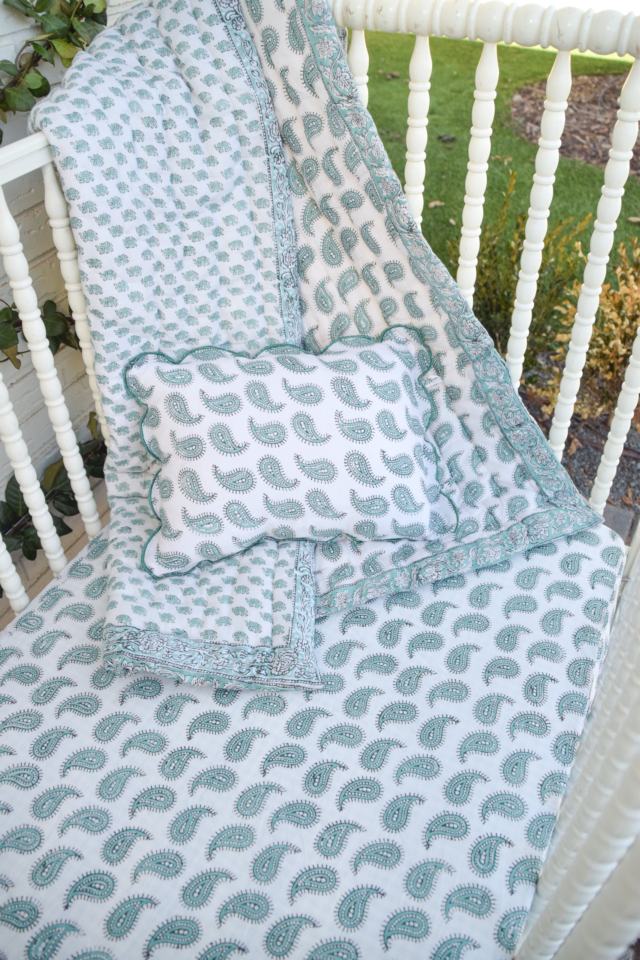 Block Print Boudoir Pillow - Mint Paisley